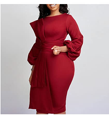 ECDAHICC Women's Elegant Formal Plus Size Dresses Puff Long Sleeve Round Neck Patchwork Bodycon Business Pencil Midi Dress2