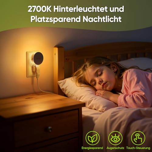 Suright 2 Stück Nachtlicht Steckdosen, Nachtlichter mit Bewegungsmelder, Hinterleuchtete, Helligkeit Dimmbare, 3 Modi, 2700K Warmweiß, 30LM für Flur, Treppe, Schlafzimmer, Kinderzimmer 6