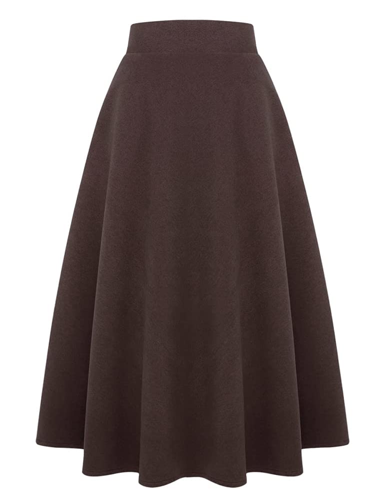 Ylingjun Long Plaid Wool Skirt for Womens Winter Fall Warm High Elastic Waist A line Flared Pleated Wool Tartan Skirts, Pure Coffee, XX-Large