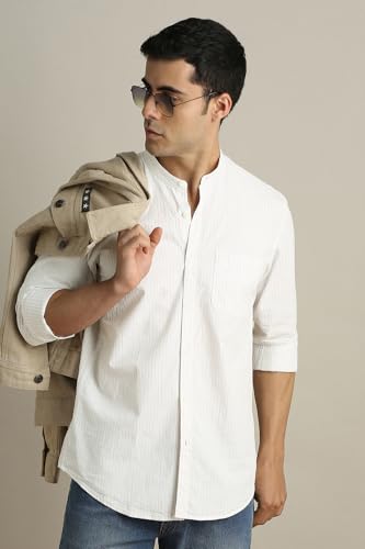 Image of Peter England Men's Casual Mandarin Collar Slim fit Full Sleeve Shirt in 100% Cotton Seersucker with Striped Design