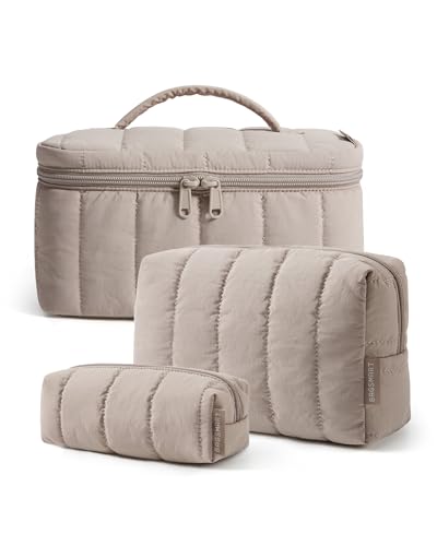 BAGSMART Travel Makeup Bag for Women 3 Pcs Puffy Padded Cosmetic Organizer Bag Large Toiletry Case and Small Purse Pouch for Gym Work Girls (Camel)