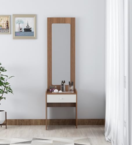 Image of NEUDOT Eliott Wooden Dressing Table with Mirror and Storage | Engineering Wood | Vanity Table with Mirror | Bedroom, Living Room | 1-Year Warranty, Brown