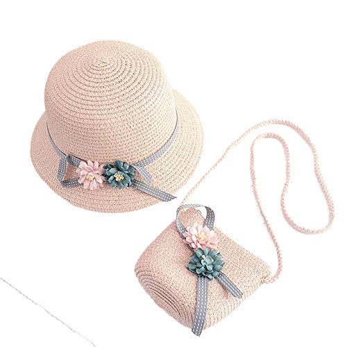 WeeH Girls Summer Hat Bag Set Wide Brim Hat Sun Beach Hats with Shoulder Bag (Camellia Pink)