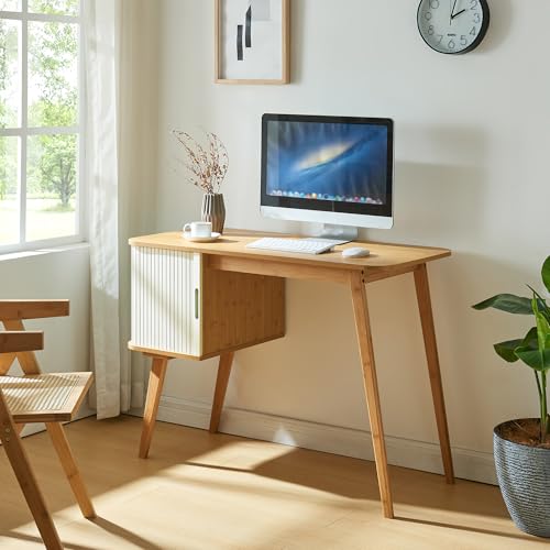 [en.casa] Schreibtisch Tysvær mit Schrank Computertisch Bambus Bürotisch mit Tür Cremeweiß Arbeitszimmer Tisch mit Stauraum rechteckig 75 x 105 x 48 cm