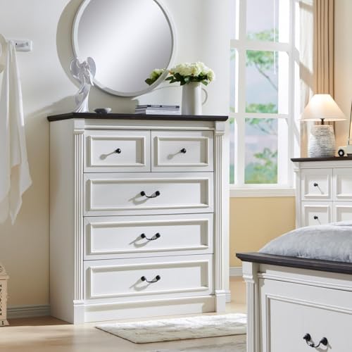 Image of Farmhouse 5 Drawers Dresser for Bedroom, 46 inch Tall Dressers & Chests of Drawers w /Roman Column, Large Storage Dressers Organizer for Bedroom, Hallway, Living Room, White