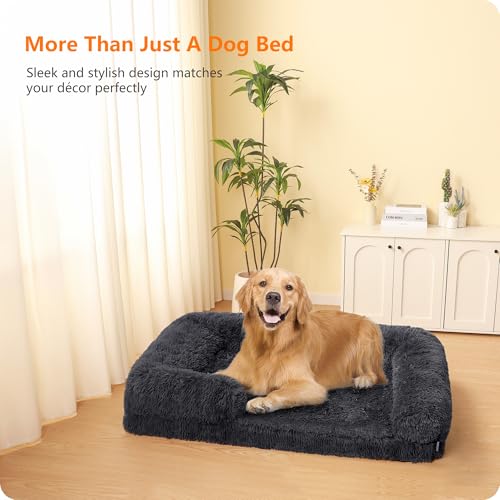 HMTOPE Orthopädisches Hundebett, Hundesofa, hohen Rand, Hundekissen, Hundekorb, Abnehmbar und waschbar, Mittelgroße Hunde, Grosse Hunde, 106 x 80 x 20 cm, Dunkelgrau