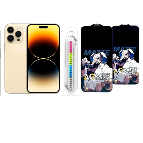 Image of Edge To Edge Matte Tempered Glass Screen Protector Compatible With iPhone 14 Pro, 9H Hardness, Anti-Fingerprint, FHD Clear With Cable Protector Pack 2