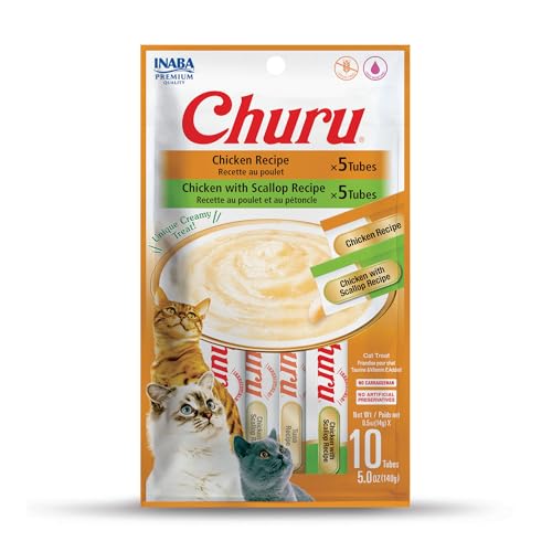 Image of INABA Churu Cat Treats, Lickable, Squeezable Creamy Puree Cat Treat with Green Tea Extract & Taurine, 0.5 Ounces Each Tube, 10 Tubes, Chicken Variety