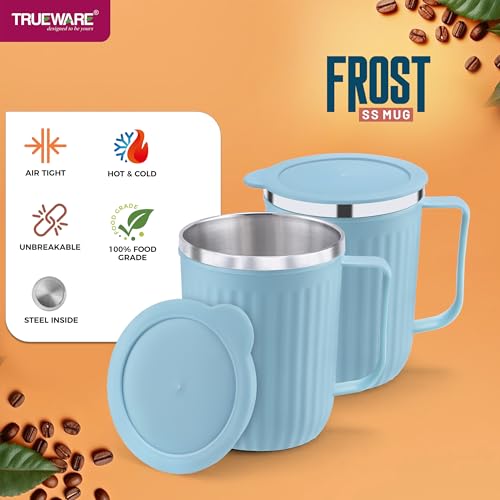 Image of Trueware Frost Unbreakable Mugs With Cap Stainless Steel Plastic Covered Travel Mug With Lid For Tea, Coffee, Milk, 400 ml
