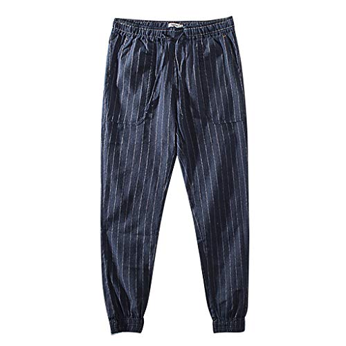 iYYVV Summer Mens Casual Linen Harem Stripe Jogger Pants Loose Drawstring Trousers Navy
