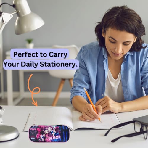 Image of Funfob Demon Slayer Pencil Box For School College For Pen Pencil Or Other Stationery Products Pencil Pouch Travel Or Cosmetic Case (Demon Pink) - Polyester