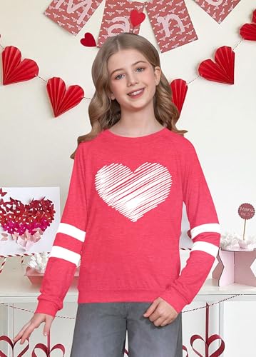 Image of LAZYCHILD Kids Valentine Shirt Girls Valentines Day Shirts Heart Graphic Long Sleeve Striped Tee Tops 5-14 Years