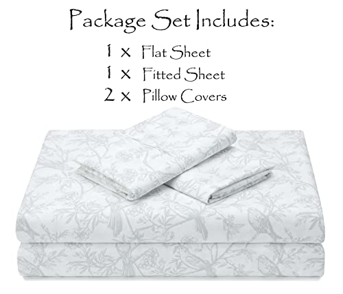 Chanasya Vintage Style Birds Botanical Toile Printed King Size Bed Sheet Set - 1 Flat 1 Fitted Sheet 2 Pillowcases - 4-Piece Ultra Soft Wrinkle Stain Resistant Luxurious Microfiber Sheets - Sage #TOP2