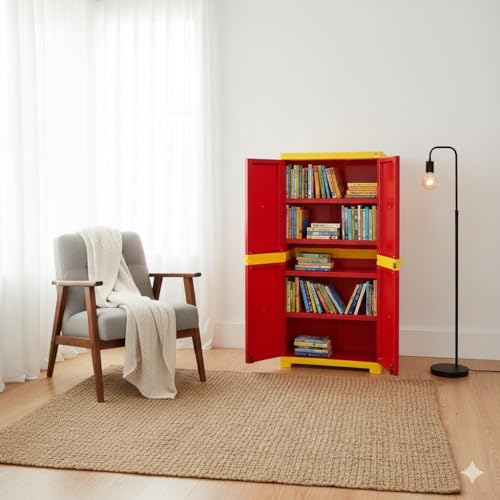 Image of Cello Novelty Big Bookshelf, Red & Yellow | 2 Dustproof Doors | Space Saving Cupboard | Plastic Book Shelf | Multipurpose Book Shelf for Home, Office | Book Organizer for Library