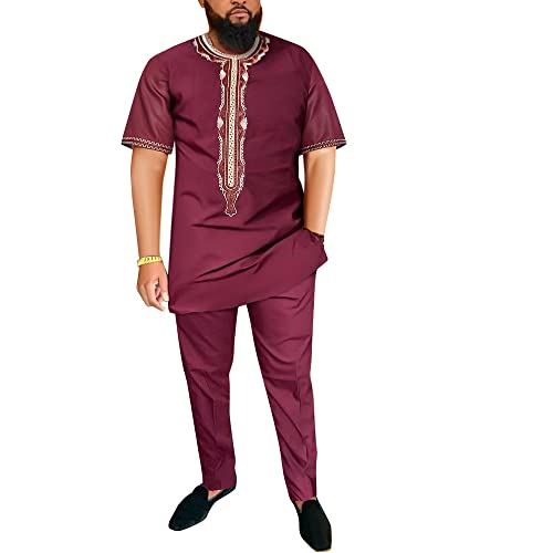 HD Men's African Clothes Embroidery Tunic Shirt and Pant Suit Two Pieces Dashiki Outfit Short Sleeves