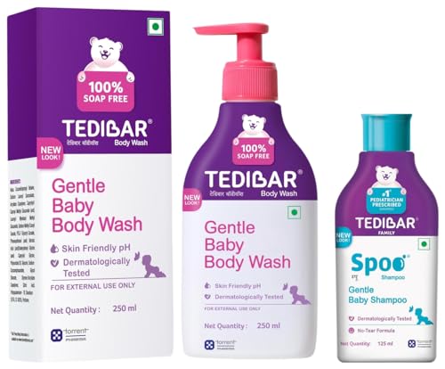 Image of Tedibar Rich Moisturising Baby Body Wash 250ml with Skin Friendly PH with Spoo Shampoo for Baby by Tedibar, 125ml | Gentle On Scalp | No. 1 Pediatrician Prescribed Shampoo for Kids