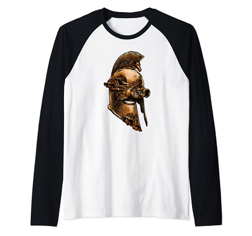 Steampunk Ancient Greek Spartan Warrior Helmet Raglan Baseball Tee, Black