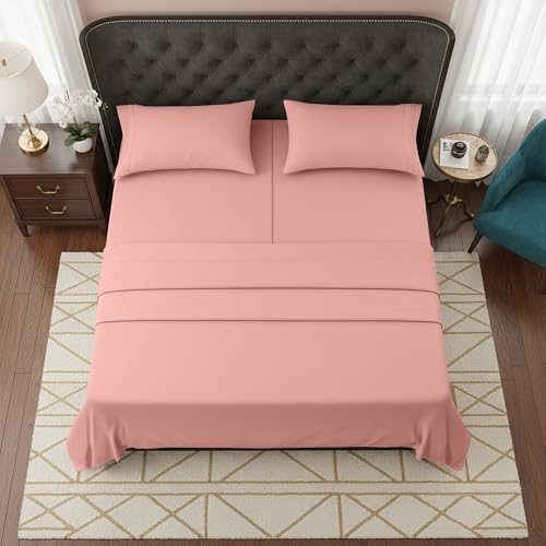Image of Elegant Comfort Luxurious 1500 Premium Hotel Quality Microfiber Three Line Embroidered Softest 5-Piece Bed Sheet Set, Wrinkle and Fade Resistant, Split King, Dusty Rose