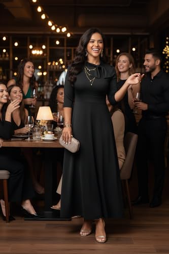 Image of FANDEE Maxi Dress for Women Long Elegant 3 /4 Sleeve Bow Tie Neck A Line Casual Party Church Dresses with Pockets