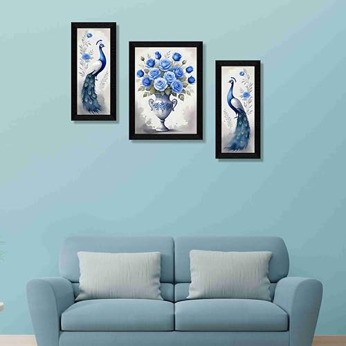 SAF flower with couple peacock Paintings for Wall Decoration - Set Of 3, 3d Painting for Living Room Large Size with Frames for Home Decoration, Hotel, Office painting 61 cm x 36 cm S36045