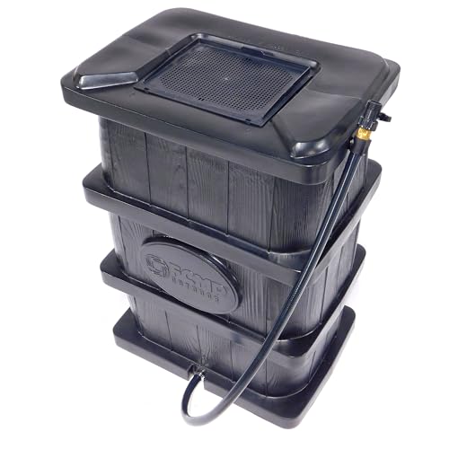FCMP Outdoor Slim Line Design 45-Gallon Wood Grain Outdoor Home Rain Water Catcher Barrel Flat Back Container with Spigots and Mesh Screen, Black