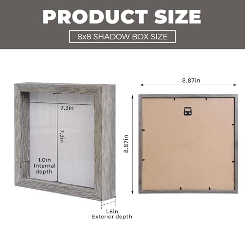Image of Muzilife 8x8 Shadow Box Picture Frame with Linen Board Deep Wood Glass Display Case Memory Box Baby Sports Memorabilia, Pins, Awards, Medals, Wedding, Tickets and Photos (Texture Gray)