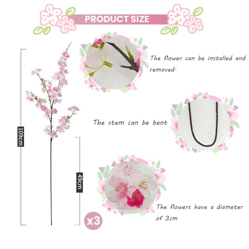 3PCS Künstliche Kirschblütenzweige Deko 109cm,Rosa Kunstblumen Frühling Kirschblüten Zweige Kunstblumen Kirschblüte Osterstrauch Zweige Magnolienzweig Pfirsichblumen Frühlingsblumen Kunstzweige Sakura