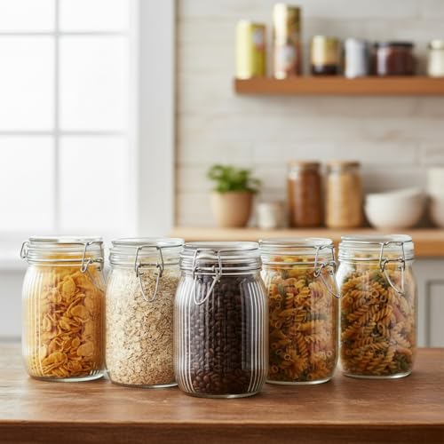 Image of ginoya brothers Airtight Glass jar with lid Storage Containers,Glass Canister, Mason Jars, Small Striped Clip Fastening Jar for Kitchen Canning, Overnight Oats, Pickle, Spice. (5, 1000 ML)