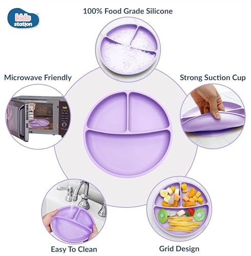 Image of Kids Station 3 Piece BPA-Free Silicone Baby Feeding Set - Baby Plate - Spoon and Bowl - Make Mealtime Fun - Microwave Safe - Unbreakable Eco-Friendly - Organic & Natural (Plate (Set of 3), Purple)