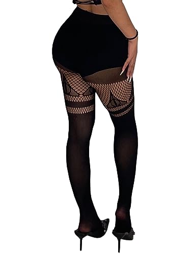 Image of Lunedear Black Fishnet Tights Net Leggings for Women | Halloween themed patterns mesh stockings breathable leggings