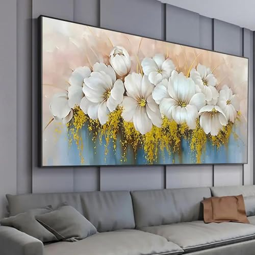 Grande peinture florale blanche abstraite pour sublimer le décor de votre salon