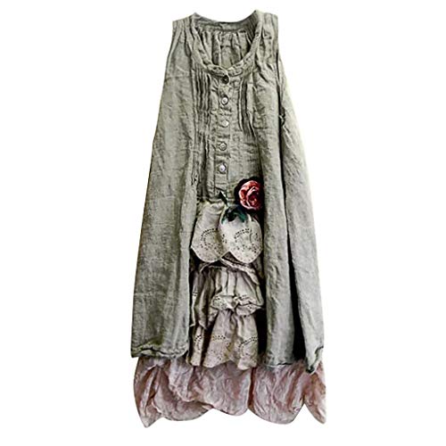 Sunnywill Women Dress, Plus Size Fashion Women O-Neck Sleeveless Patchwork Button Tank Top Dress Womens Popular Classic Tunic Dress Loose Dress Khaki