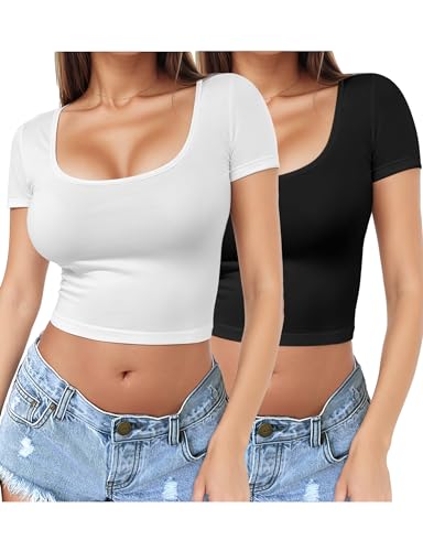 2 Piece Women's Square Neck Short Sleeve Crop Top Y2K Shirt Slim Fitted Casual Base Layer Workout Shirt Going Out Tops