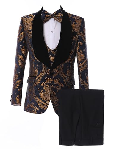 Costume chic 3 pièces homme veste jacquard et revers châle en velours haut de gamme