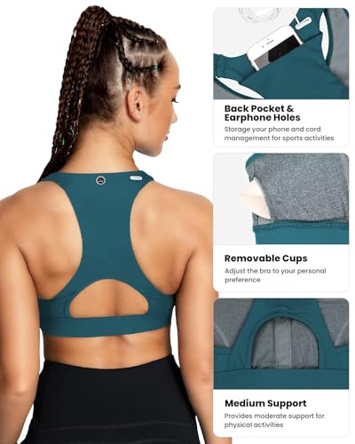 Image of QUEENIEKE BareFlow Women's Sports Bras with Phone Pocket Medium Impact Padded Racerback Workout Gym Crop Top Running Yoga Bra