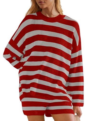 Image of Panadila Womens Striped Sweater Set Oversized Lounge Sets Matching Pajamas Long Sleeve Sweater Top and Shorts