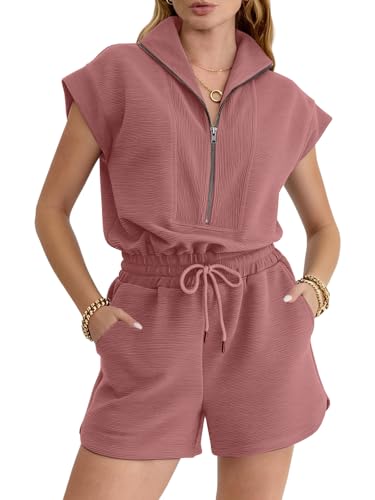 Image of Rompers for Women Summer Short Sleeve Half Zip Lapel Collar Jumpsuit Casual Drawstring One Piece Outfits with Pockets