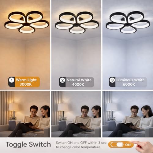 Image of ORANOOR 50W LED Ceiling Chandelier Light - 3 Color Mode (Warm /Natural /Cool), 12 Inch Flower Design, Eye-Protecting Light for Living Room, Bedroom & Hall