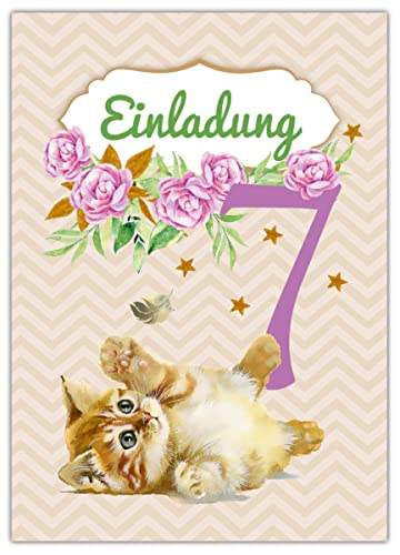 Lot de 12 cartons d'invitation pour 7e anniversaire d'enfant avec 12 enveloppes et 12 sachets Motif chat naturel - Image 4