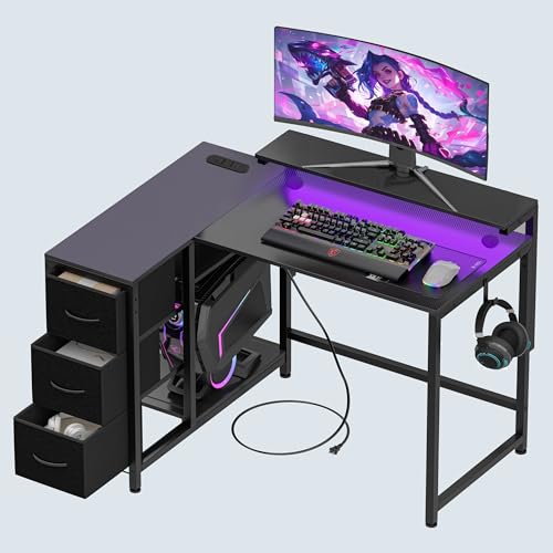 LYZMHA L字デスク ゲーミングデスク パソコンデスク コンセント付き 引き出し付き モニタ台の高さ調節可能 収納ラック 配線穴 幅108 奥行80cm 組み立て簡単 省スペース 机 オフィス 書斎 テレワーク 在宅勤務(ブラック)