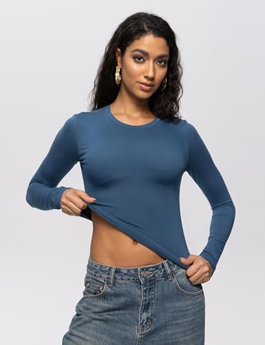 Enerful Women's Long Sleeve Shirts Crew Neck Slim Fitted Going Out Crop Casual Tops Basic Tees2