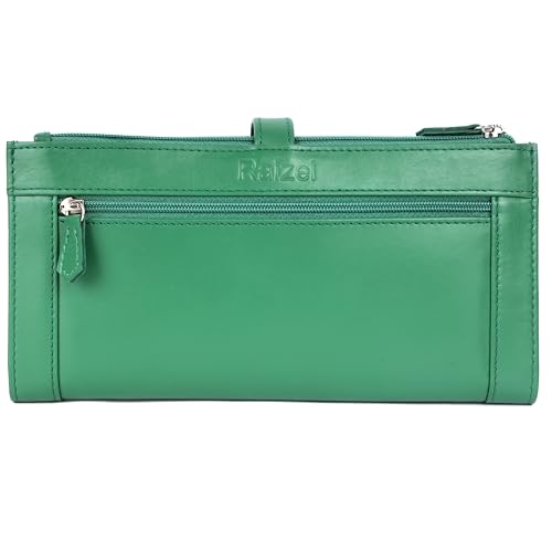 Image of Raizel, Real Leather Clutch Hand Purse Wallet Black for Women's, Two Main Compartment | Two Zipper Pockets | Five Card Slots | one Photo Holder, (P Green)