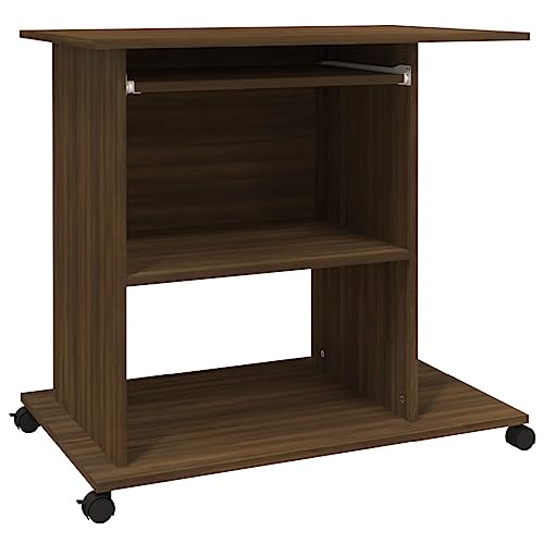GeenYuu Escritorio marrón con aspecto de roble de 80 x 50 x 75 cm con bandeja para teclado y estantería, escritorio móvil para ordenador con ruedas, ideal para oficina en casa, oficina, juegos y