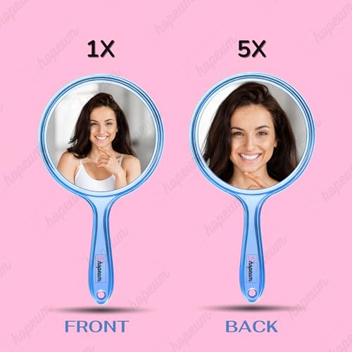 Image of Transparent Double‑Sided Hand Mirror 1X /5X Magnification - 5‑inch Round Acrylic Mirror with Handle & Hanging Hole - Lightweight Portable Makeup & Grooming Tool (Blue)