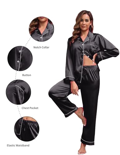 Image of UMBY Silk Satin Pajamas for Women Set 2 Piece Silk Pjs Long Sleeve Top Cozy Sleepwear Silky Pajamas Black