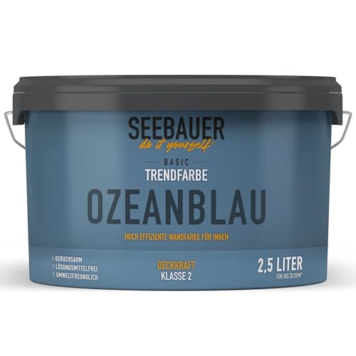 SEEBAUER diy Trendfarbe Dunkelblau 2,5L (No. T11 Ozeanblau) für den Innenbereich - Edelmatte Wandfarbe Blau - Hochdeckende Innenfarbe in Profi-Qualität