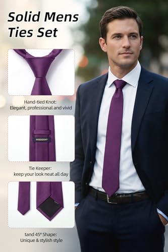Image of HISDERN Mens Ties Solid Color Ties for Men Formal Necktie with Pocket Square Set Satin Silk Neck Tie Handkerchiefs Set