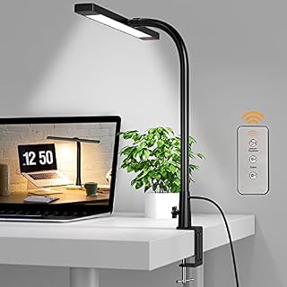 SKYLEO LED Desk Lamp Flexible Gooseneck - LED Desk Lamp with Clamp 10W - Desk Lights for Office with Remote - 3 Light Modes x 10 Brightness Levels - Black