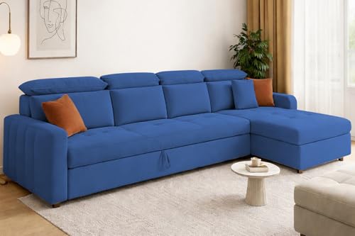 Image of Casaliving Gagnon RHS 6 Seater L Shape Corner Sofa Cum Bed for Living Room (Blue Fabric) Premium Fabric Sofa