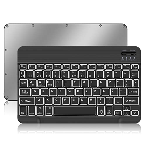 Teclado Español Ñ Bluetooth Inalámbrico Retroiluminados Súper Delgado para iOS Apple iPad Tablet, Android Samsung, Huawei, Lenovo, Windows, para Todos los Dispositivos con Bluetooth, Negro